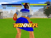 a video game screen shows a winner with a girl in a sailor suit
