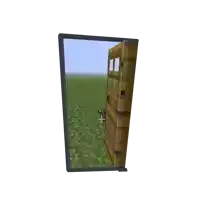 a wooden door is open to a field of grass in a video game .