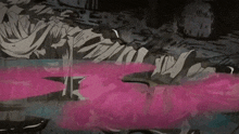 a drawing of a skeleton with pink liquid coming out of it 's mouth
