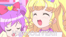 two anime girls are standing next to each other with the words nyanoliver written in the corner