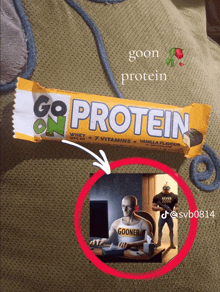 a go on protein bar with a picture of a man in a gooner shirt