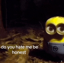 a picture of a minion with the words do you hate me be honest on the bottom