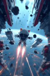 a cat in a space suit flies through space