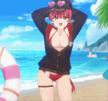 a girl in a bikini is standing on a beach with her hands on her head