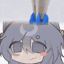 a cartoon drawing of a girl with a blue cat on her head