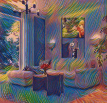 a colorful painting of a living room with a chair and a table