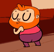 a cartoon character with an orange head and purple pants is standing in front of a red couch