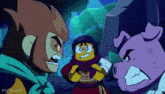 two monkeys and two pigs are standing next to each other in a cartoon scene .