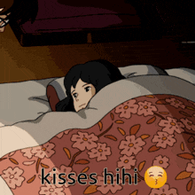 a cartoon of a woman laying under a floral blanket with the words kisses hihi written below her
