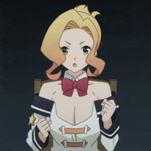 a girl with yellow hair and a red bow tie is sitting in a chair with her fist in the air