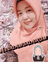 a woman wearing a pink hijab with the words assalamualaikum on the bottom