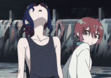a girl with blue hair and a red haired girl looking up