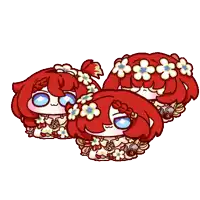three cartoon characters with red hair and white flowers on their hair