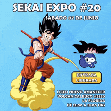 a poster for the sekai expo # 20 shows goku flying through the air