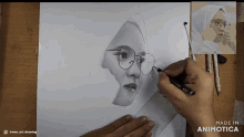 a drawing of a woman 's face with glasses is made in animatica