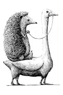 a black and white drawing of a hedgehog riding a goose on a leash .