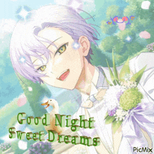 a picture of a boy and a duck with the words good night sweet dreams