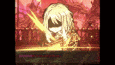 a girl with long blonde hair is holding a sword in a video game scene .