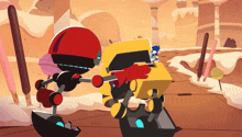 two robots are standing next to each other in a desert