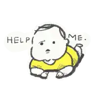 a drawing of a baby with a yellow shirt and a speech bubble that says help me