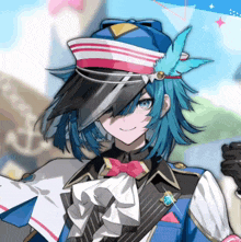 a blue haired anime character wearing a hat with a blue feather on it