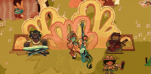 a group of cartoon characters playing musical instruments including a man holding a guitar