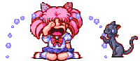 a pixel art of a girl crying next to a black cat