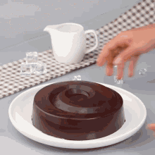 a white plate with a chocolate cake and ice cubes
