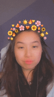 a girl wearing a crown of flowers and hearts on her head