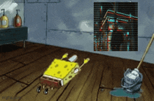 a cartoon of spongebob laying on the floor next to a mop and a sign that says ' lent '
