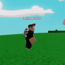 a cartoon character is walking in a field with a rainbow in the background and the name danthmanlol555 on the bottom