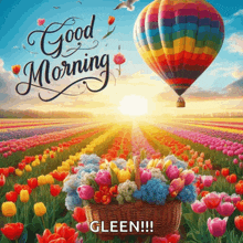 a colorful hot air balloon flies over a field of flowers