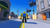 a roblox character is walking down a street in front of a building