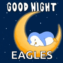 a penguin is sleeping on a crescent moon with the words good night eagles above it