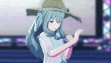 a girl with blue hair and a straw hat