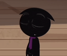 a black cartoon character with a purple scarf around his neck is standing on a set of stairs .