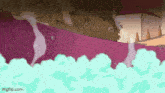 a cartoon of a shark swimming in the water with bubbles coming out of it .