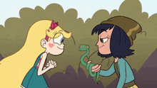 star and jasmine from star vs the forces of evil are looking at a snake
