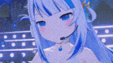 a close up of a 3d anime girl with blue hair and a microphone .