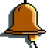 a pixel art illustration of a bell hanging from a pole .