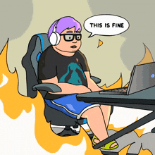 a cartoon of a man sitting at a desk with a laptop and a speech bubble that says this is fine
