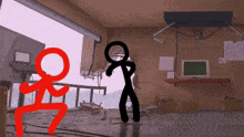 a red stick figure and a black stick figure are standing in a room