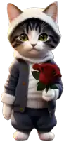 a cat is wearing a hoodie and holding a rose