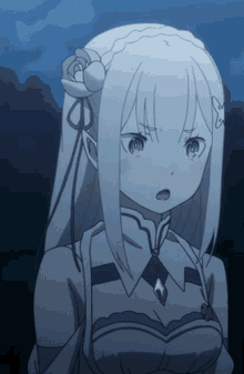 a girl with white hair has a flower in her hair and a necklace