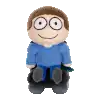 a stuffed toy of a man in a blue shirt is sitting on a chair .