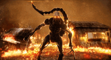 an illustration of a scorpion standing in front of a burning house