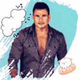 a shirtless man with a speech bubble and a donut