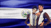 two men are standing in front of a flag that says salvador en la america