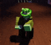 a green cartoon character is standing on a wooden floor holding a book