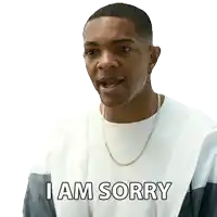 a man wearing a white t-shirt and a jacket says i am sorry